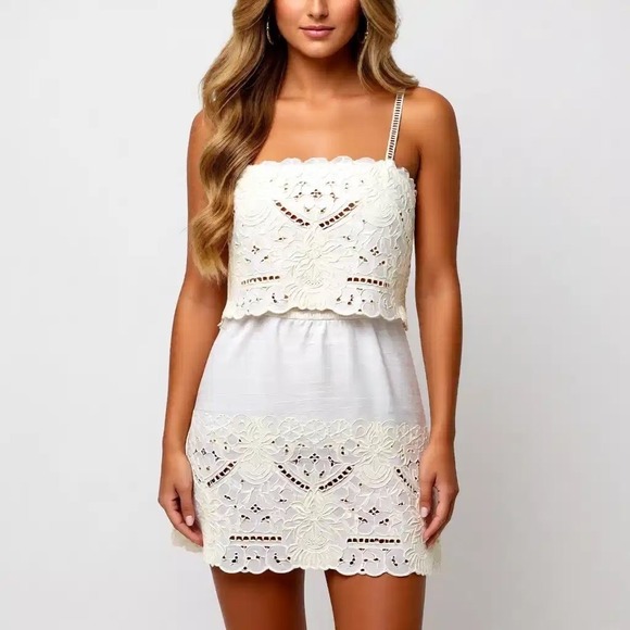 Dresses & Skirts - Chelsea & Violet Ivory Eyelet Lace Mini Dress Two Tier Embroidered‎ Skirt Md NWT